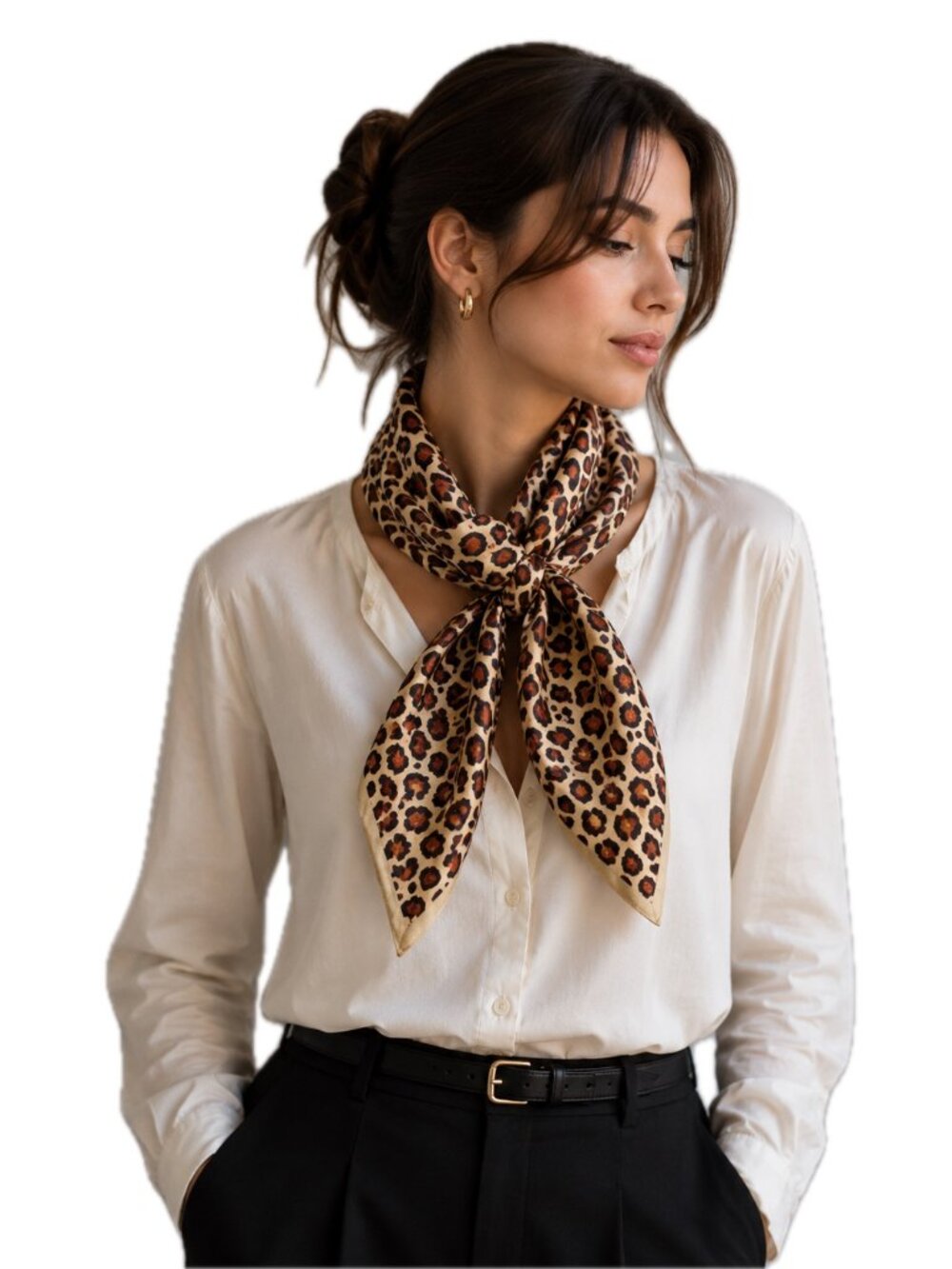 Women's Silk Leopard Print Artisanal Neck Scarf Cream Tan Brown 21"x21" EC
